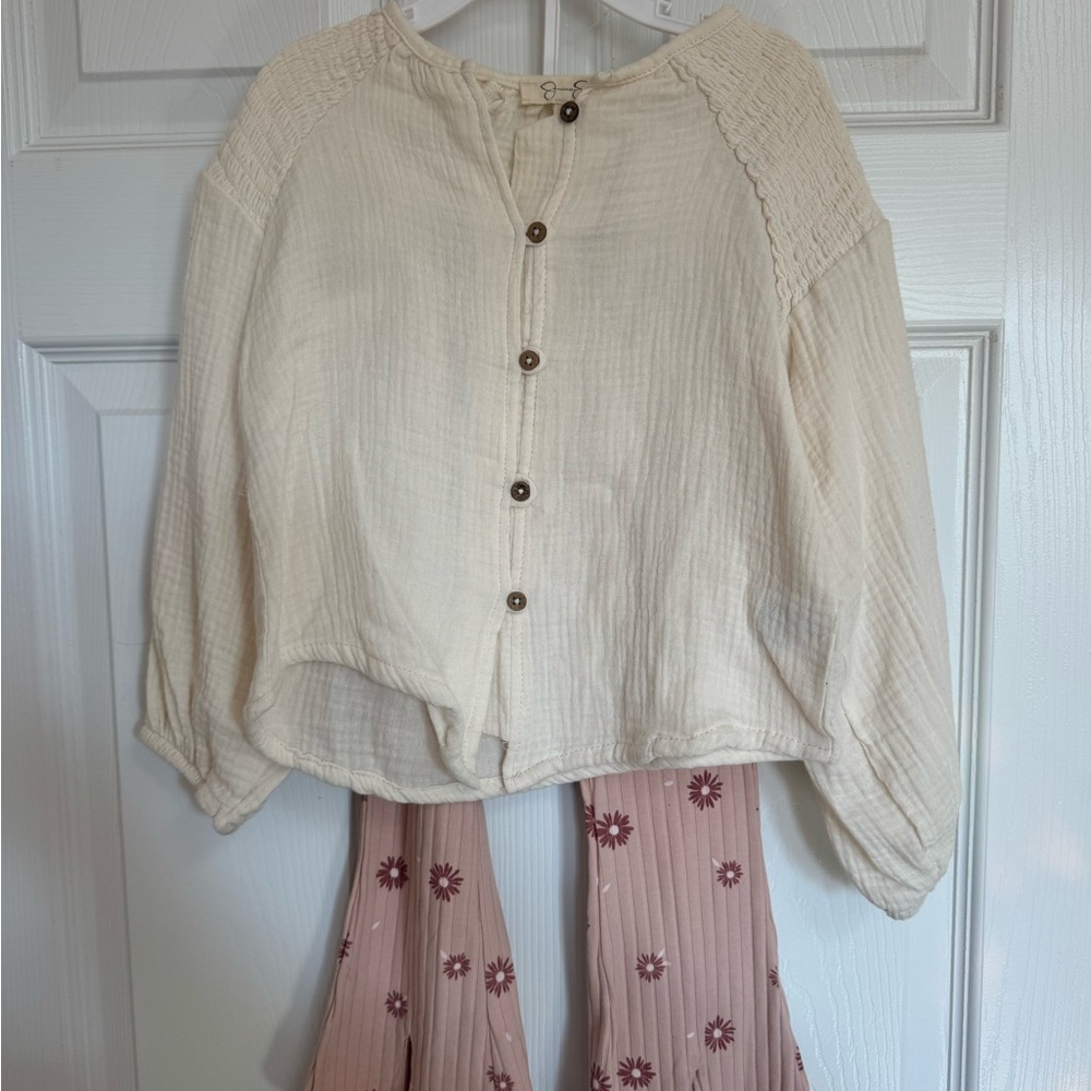 Cream Button-Up Blouse with Pink Floral Pants
